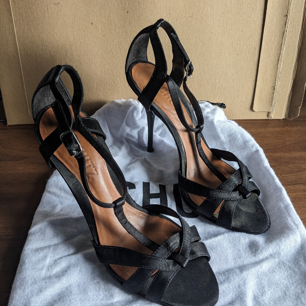 SCHUTZ | Black T-Strap Stiletto Sandals, Satin, Vintage 2005 Collection